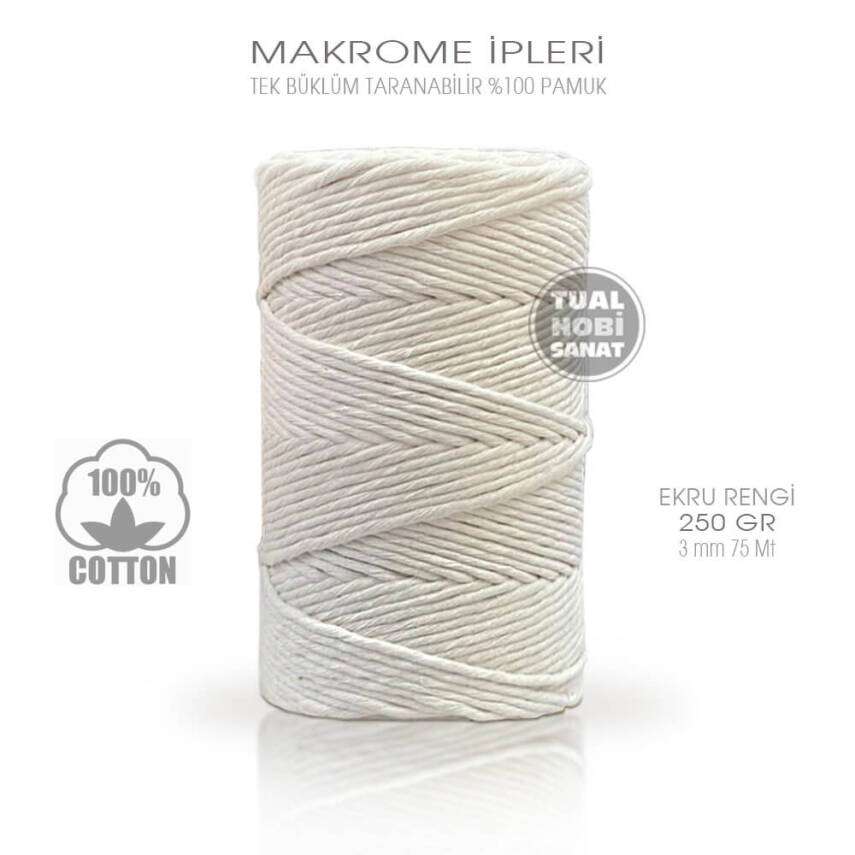 Makrome İpi Pamuk Tek Bükümlü Ekru Rengi 3 mm 250 gr - 1
