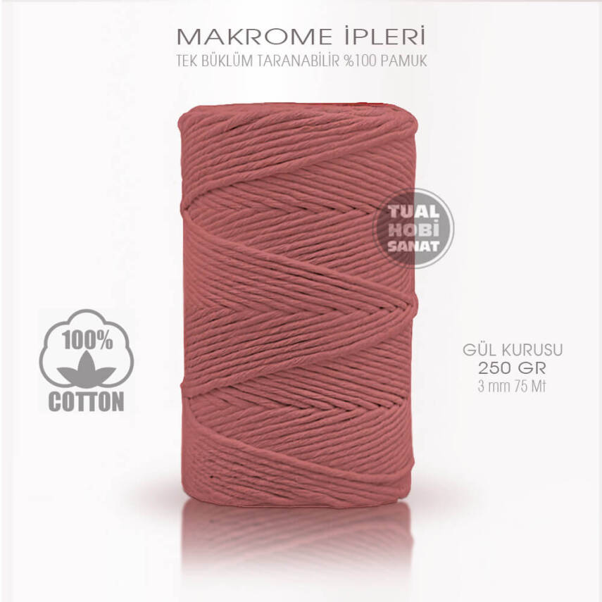 Makrome İpi Pamuk Tek Bükümlü Gül Kurusu 3 mm 250 gr - 1