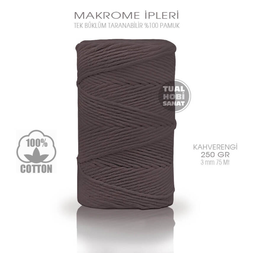 Makrome İpi Pamuk Tek Bükümlü Kahverengi 3 mm 250 gr - 1