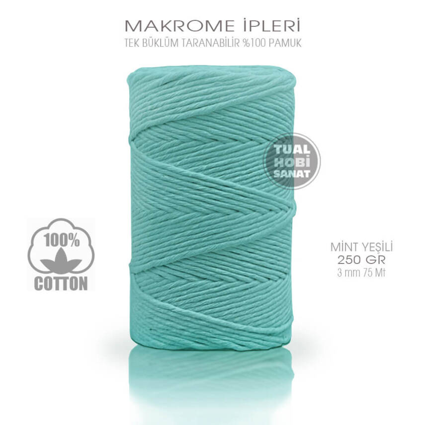 Makrome İpi Pamuk Tek Bükümlü Mint Yeşili 3 mm 250 gr - 1