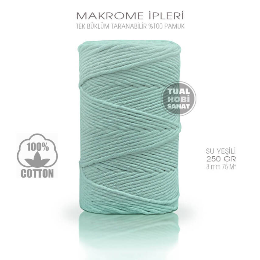 Makrome İpi Pamuk Tek Bükümlü Su Yeşili 3 mm 250 gr - 1