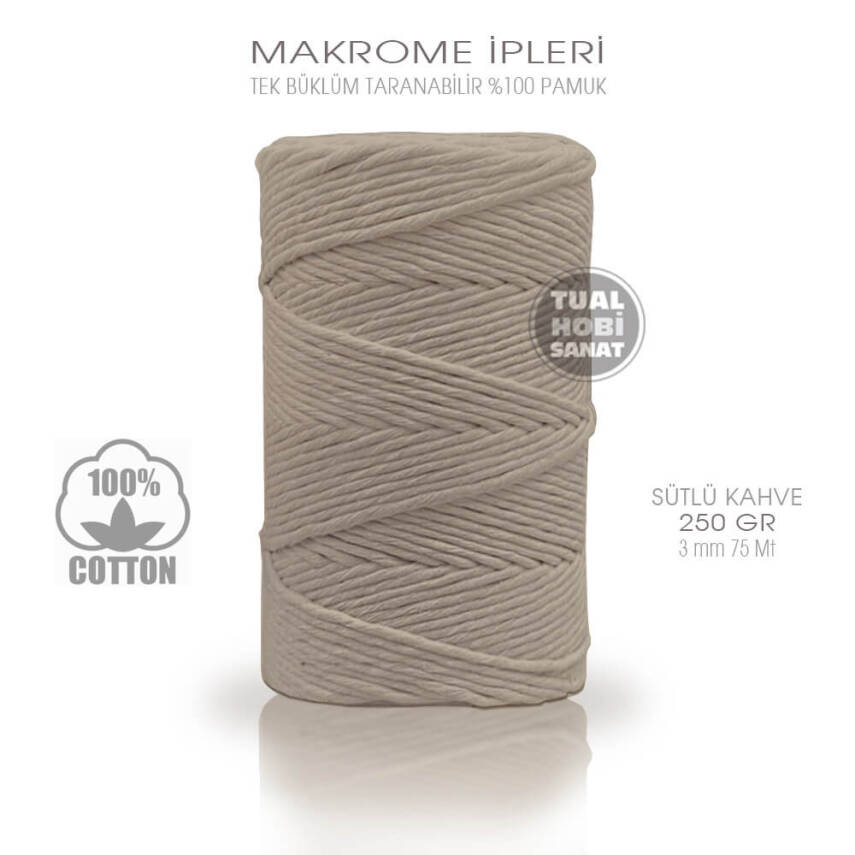 Makrome İpi Pamuk Tek Bükümlü Sütlü Kahve 3 mm 250 gr - 1