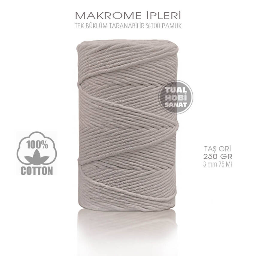 Makrome İpi Pamuk Tek Bükümlü Taş Gri 3 mm 250 gr - 1