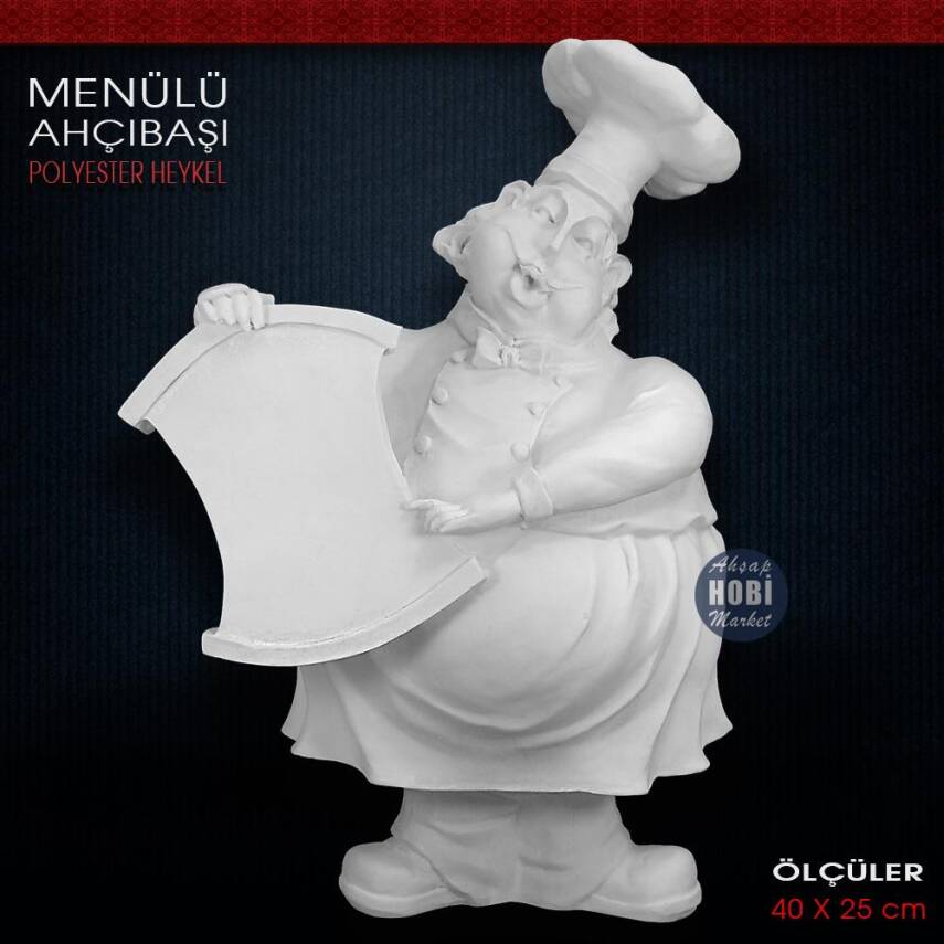 Menülü Ahçıbaşı Heykeli (40x25 cm) Ham Polyester - 1