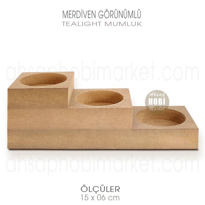 Merdiven Görünümlü Tealight Mumluk (15x6 cm) Ham Ahşap - 1