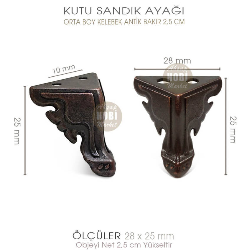 Metal Kutu Ayağı Kelebek Model Orta Boy (28x25 mm) Antik Bakır - 3