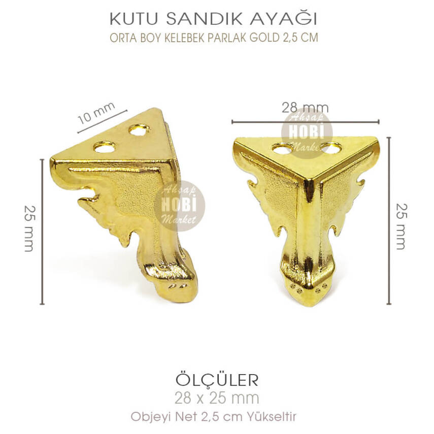 Metal Kutu Ayağı Kelebek Model Orta Boy (28x25 mm) Parlak Gold - 3