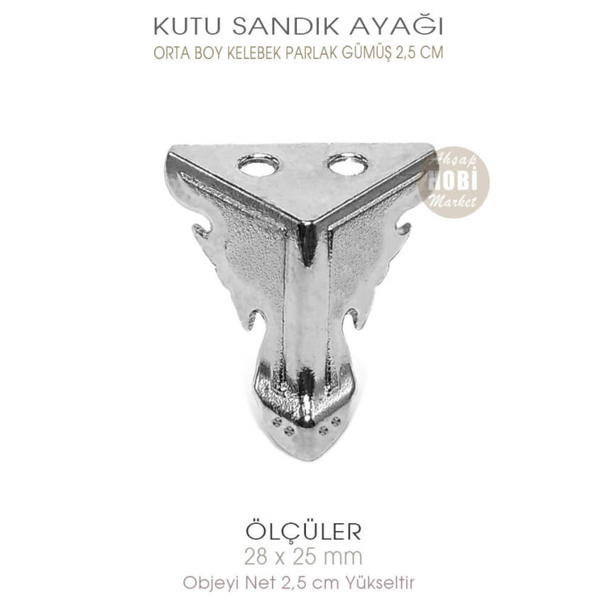 Metal Kutu Ayağı Kelebek Model Orta Boy (28x25 mm) Parlak Gümüş - 1