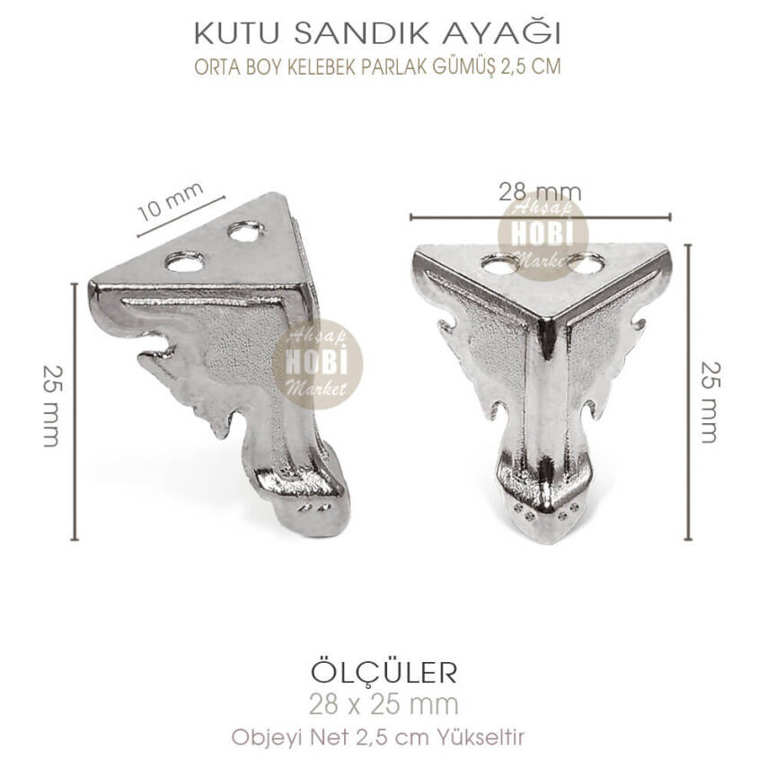 Metal Kutu Ayağı Kelebek Model Orta Boy (28x25 mm) Parlak Gümüş - 3