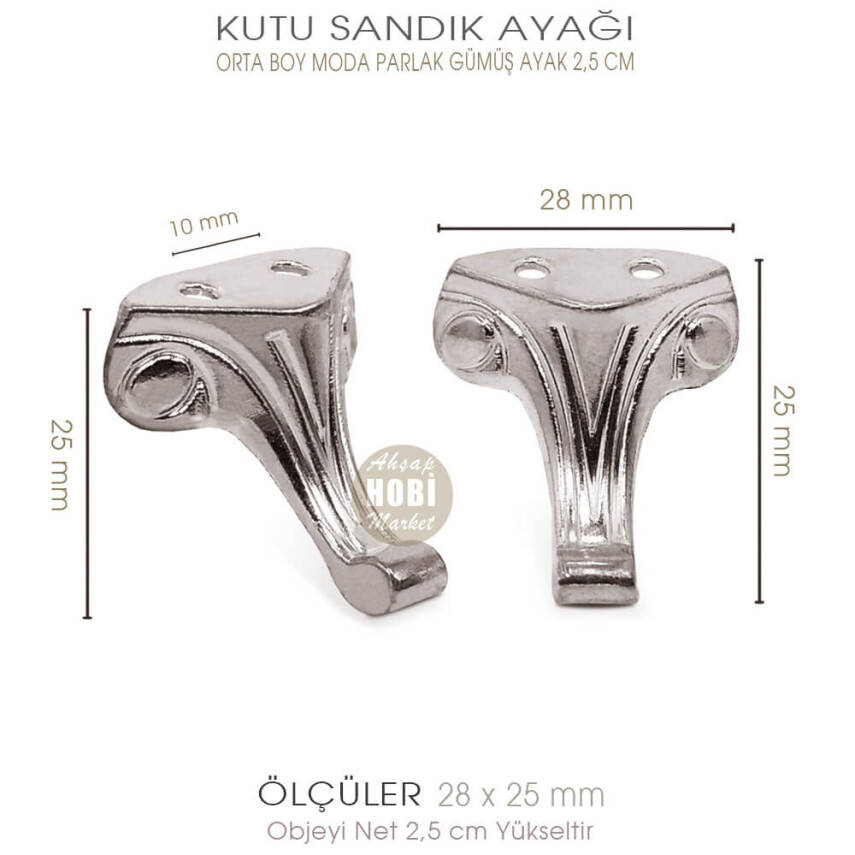 Metal Kutu Ayağı Moda Model Orta Boy (28x25 mm) Parlak Gümüş - 3
