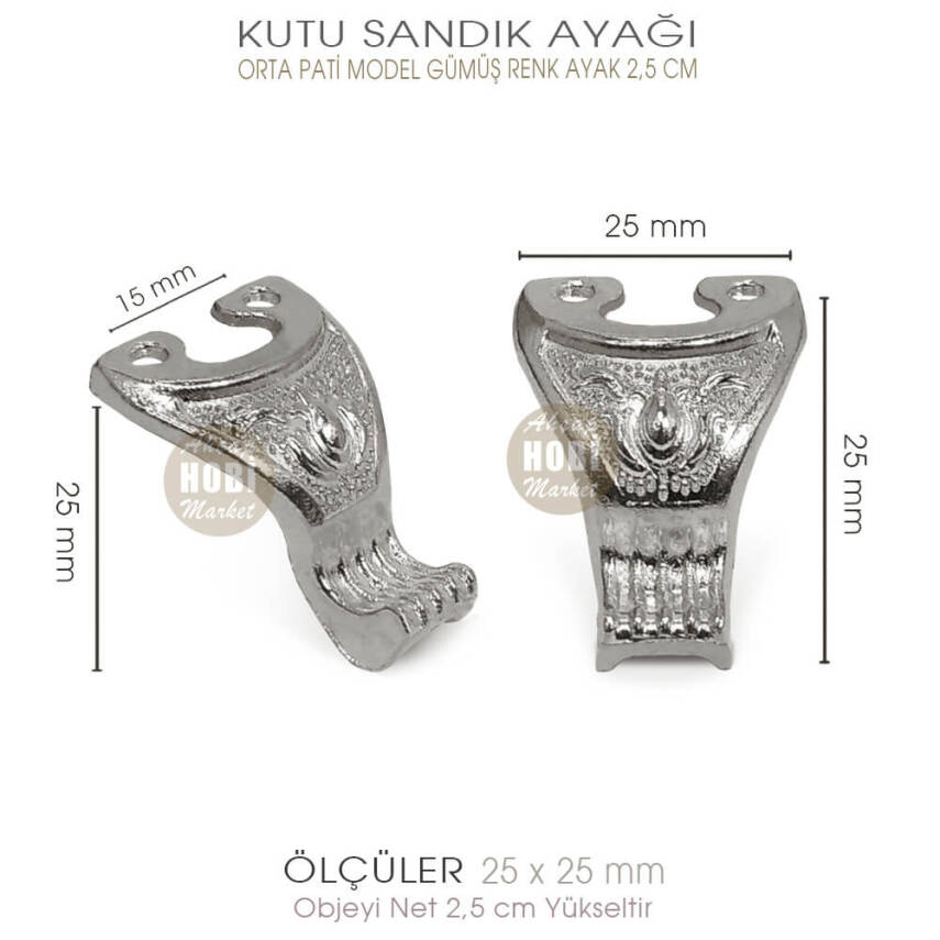 Metal Kutu Ayağı Pati Model (25x25 mm) Parlak Gümüş - 2