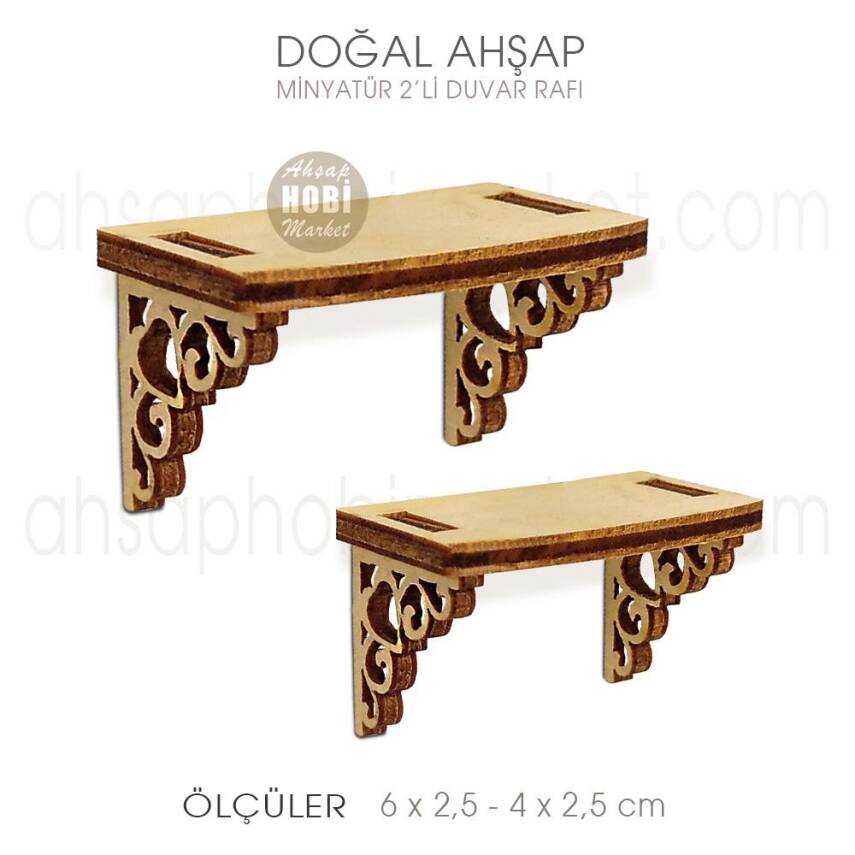 Minyatür 2'li Duvar Rafı (2 Boy) Doğal Ağaç - 1