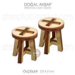 Minyatür 2'li Tabure (2,5x2 cm) Doğal Ağaç - Tual Hobi Craft İst