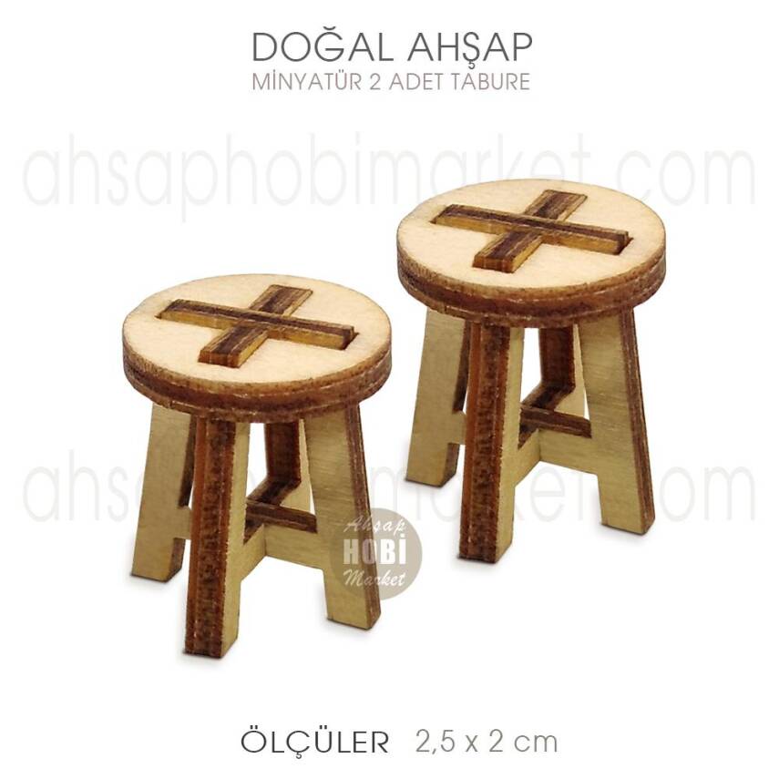 Minyatür 2'li Tabure (2,5x2 cm) Doğal Ağaç - 1