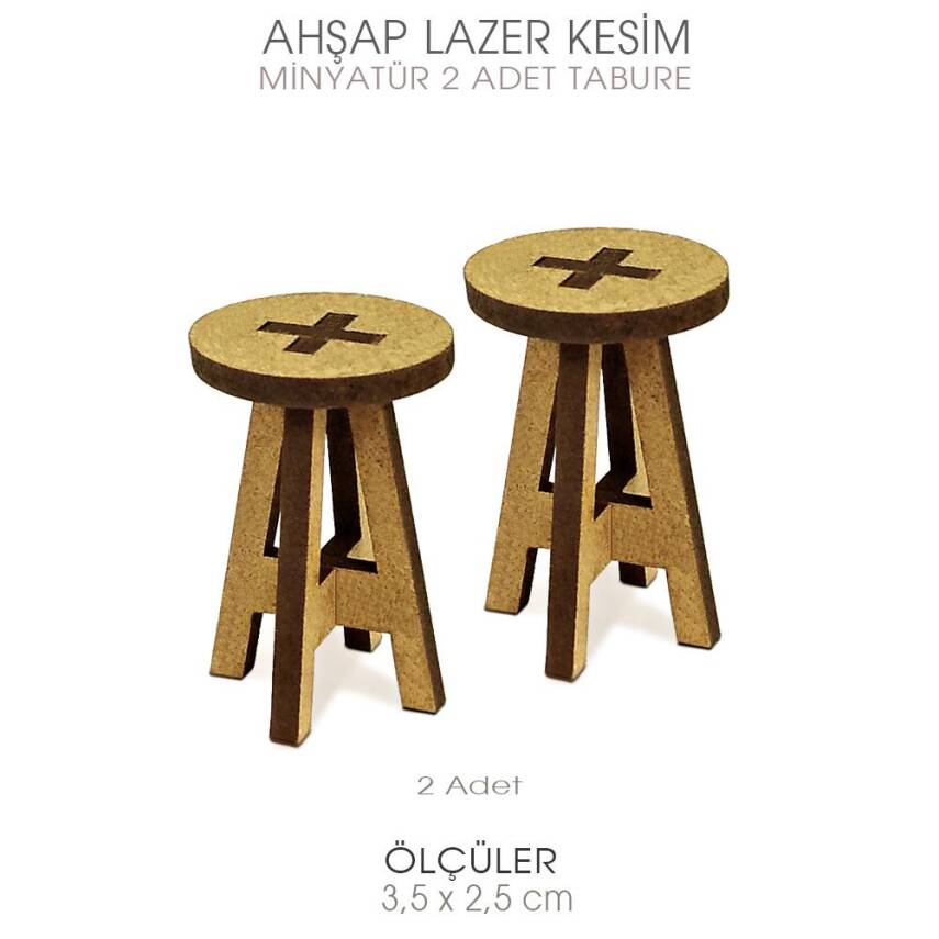 Minyatür 2'li Tabure Büyük (3,5x2,5 cm) Ahşap Lazer Kesim - 1