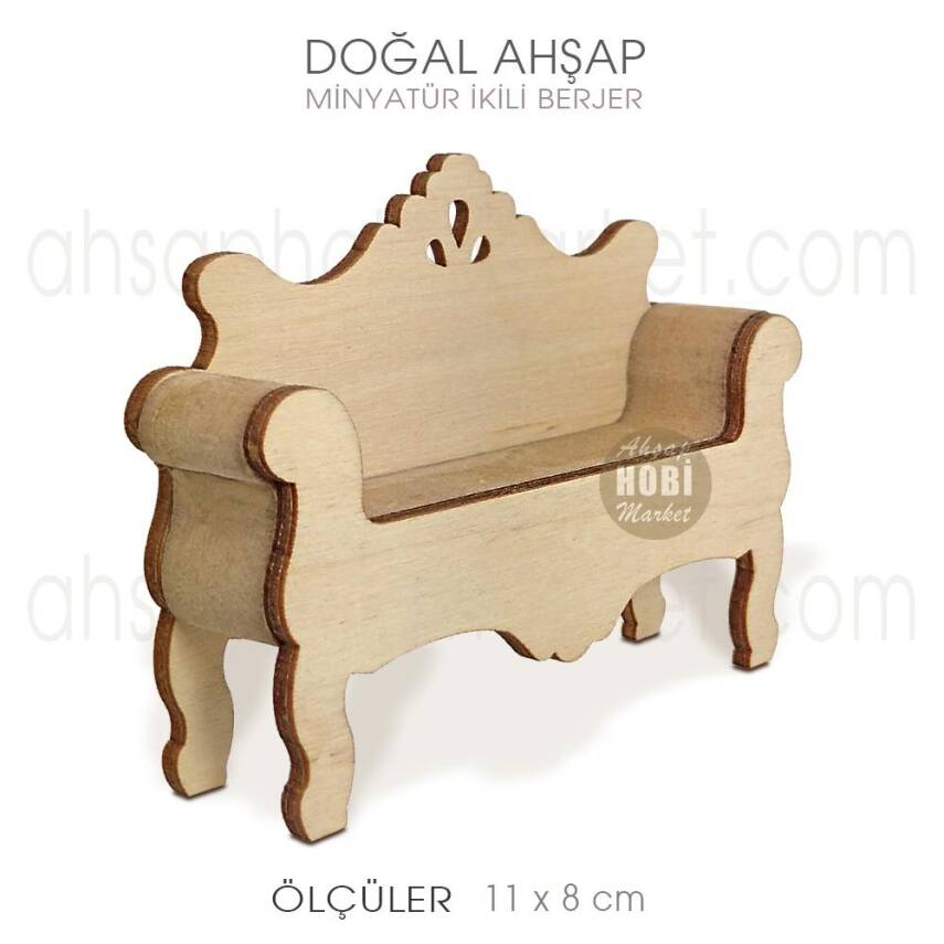Minyatür Berjer Koltuk İkili (11x8 cm) Doğal Ağaç - 2