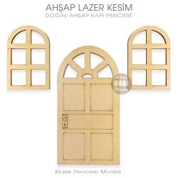 Minyatür Kapı Pencere Seti (3 Parça) Doğal Ahşap Lazer Kesim - Tual Hobi Sanat