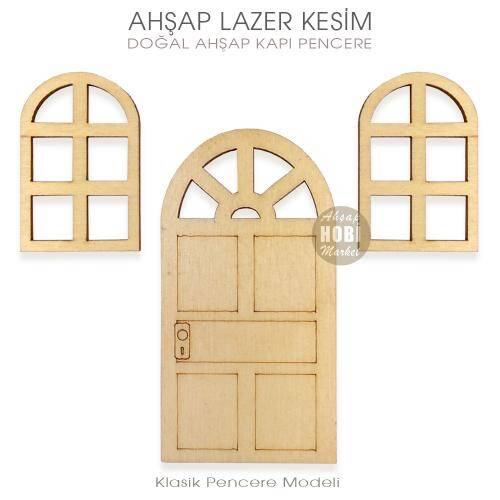 Minyatür Kapı Pencere Seti (3 Parça) Doğal Ahşap Lazer Kesim - 1