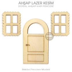 Minyatür Kapı Pencere Seti (3 Parça) Doğal Ahşap Lazer Kesim - Tual Hobi Sanat