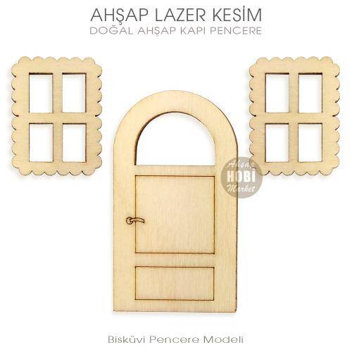 Minyatür Kapı Pencere Seti (3 Parça) Doğal Ahşap Lazer Kesim - 1