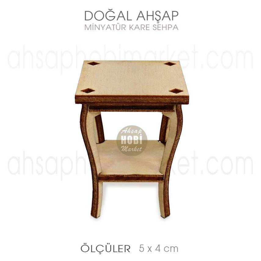 Minyatür Kare Sehpa (5x4 cm) Doğal Ağaç - 1