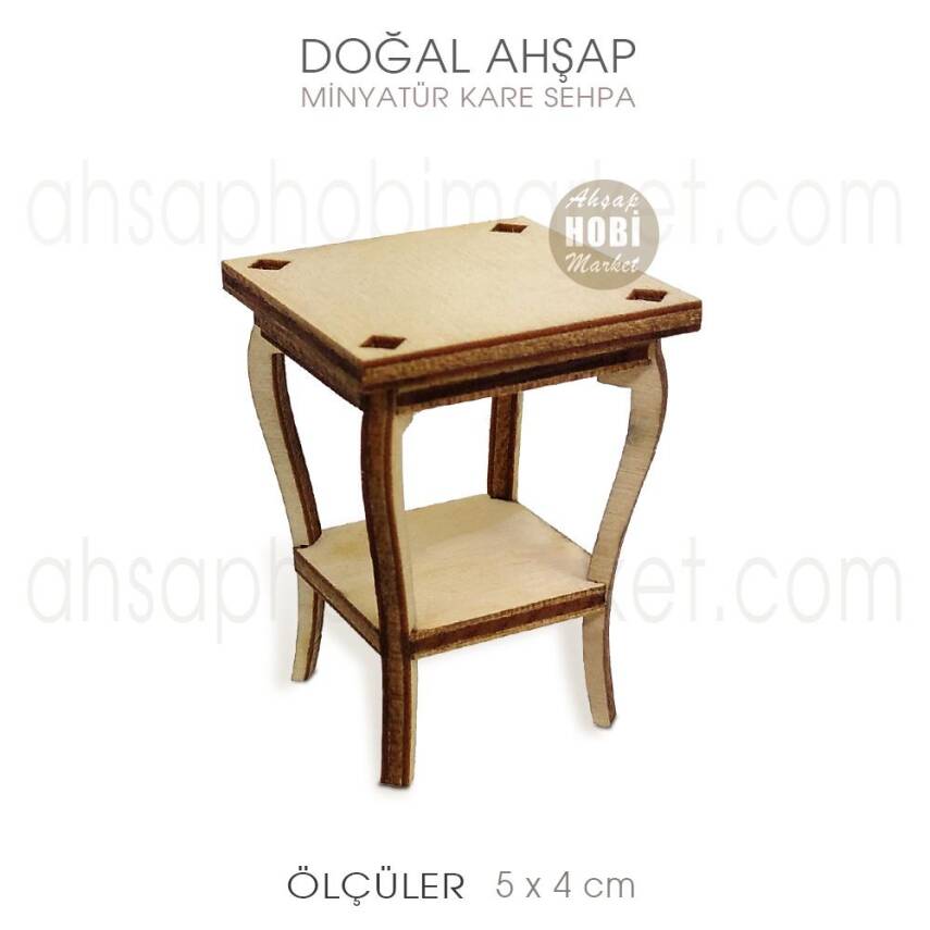 Minyatür Kare Sehpa (5x4 cm) Doğal Ağaç - 2