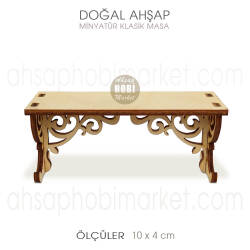 Minyatür Klasik Oymalı Masa (10x4 cm) Doğal Ağaç - Tual Hobi Craft İst