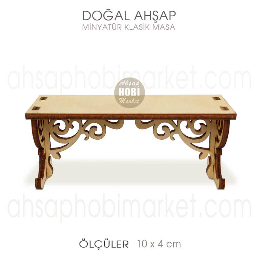 Minyatür Klasik Oymalı Masa (10x4 cm) Doğal Ağaç - 1