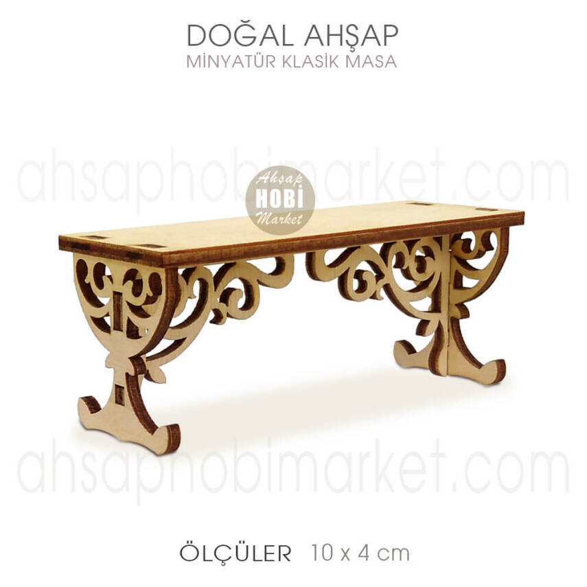 Minyatür Klasik Oymalı Masa (10x4 cm) Doğal Ağaç - 2