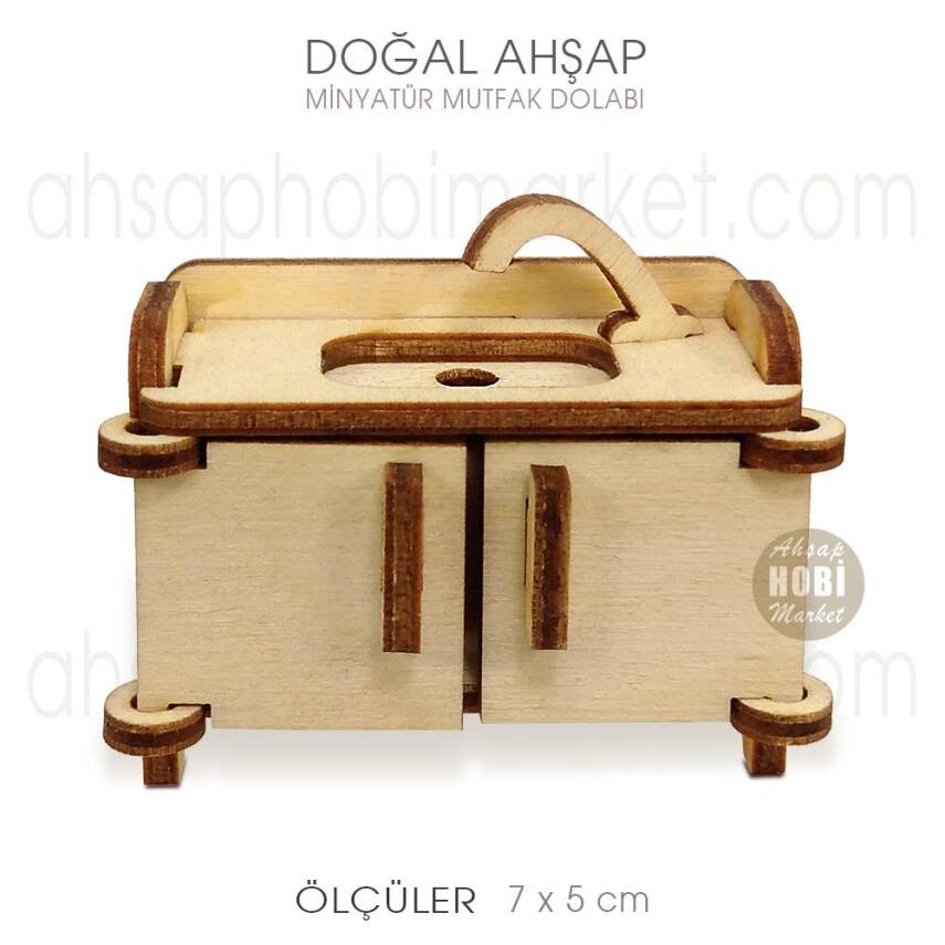 Minyatür Mutfak Dolabı Lavabo (7x5 cm) Doğal Ahşap - 1