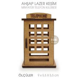 Minyatür Telefon Kulübesi (9x5,5 cm) Ahşap Lazer Kesim - Tual Hobi Sanat