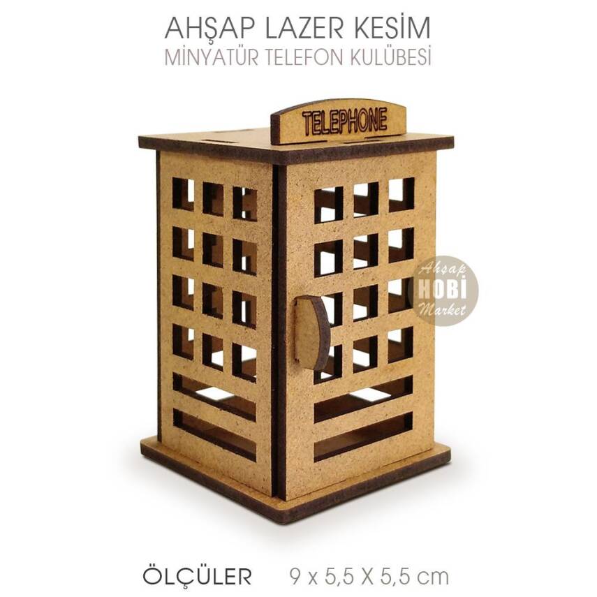 Minyatür Telefon Kulübesi (9x5,5 cm) Ahşap Lazer Kesim - 2