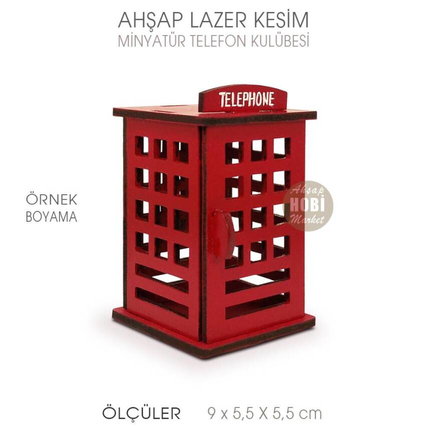 Minyatür Telefon Kulübesi (9x5,5 cm) Ahşap Lazer Kesim - 3
