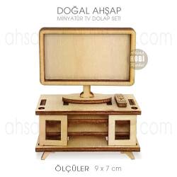 Minyatür TV ve TV Ünitesi (9x7 cm) Doğal Ağaç - Tual Hobi Craft İst