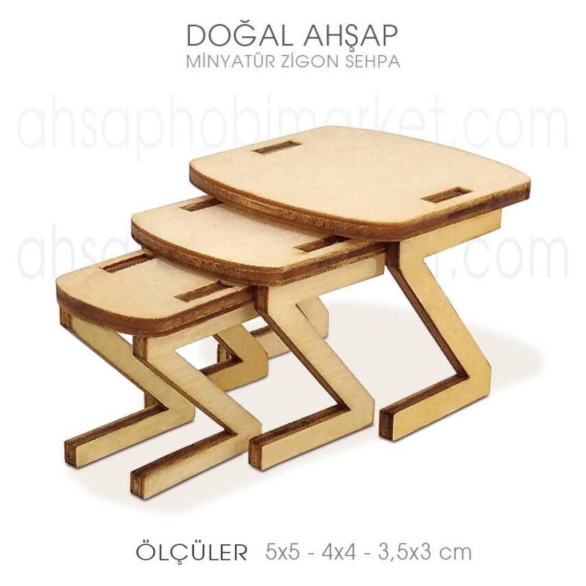 Minyatür Zigon Sehpa Seti (3 Parça) Doğal Ağaç - 1