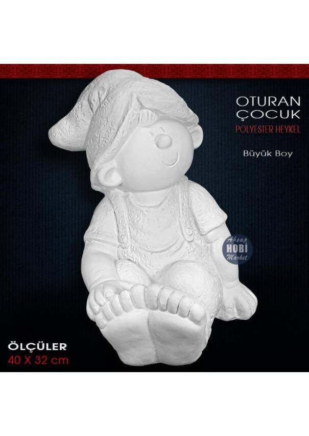 Oturan Çocuk Heykeli Büyük Boy (40x32 cm) Ham Polyester - 2