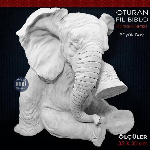 Oturan Fil Heykeli Büyük Boy (35x30 cm) Ham Polyester - 1