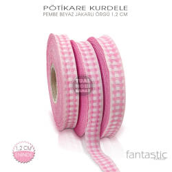 Pembe Beyaz Pötikare Jakarlı Kurdele (Genişlik 1,2 cm) 1 Metre - Tual Hobi Sanat