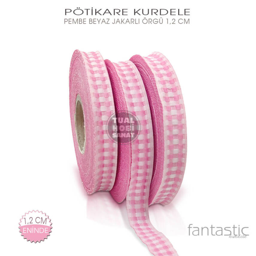Pembe Beyaz Pötikare Jakarlı Kurdele (Genişlik 1,2 cm) 1 Metre - 1