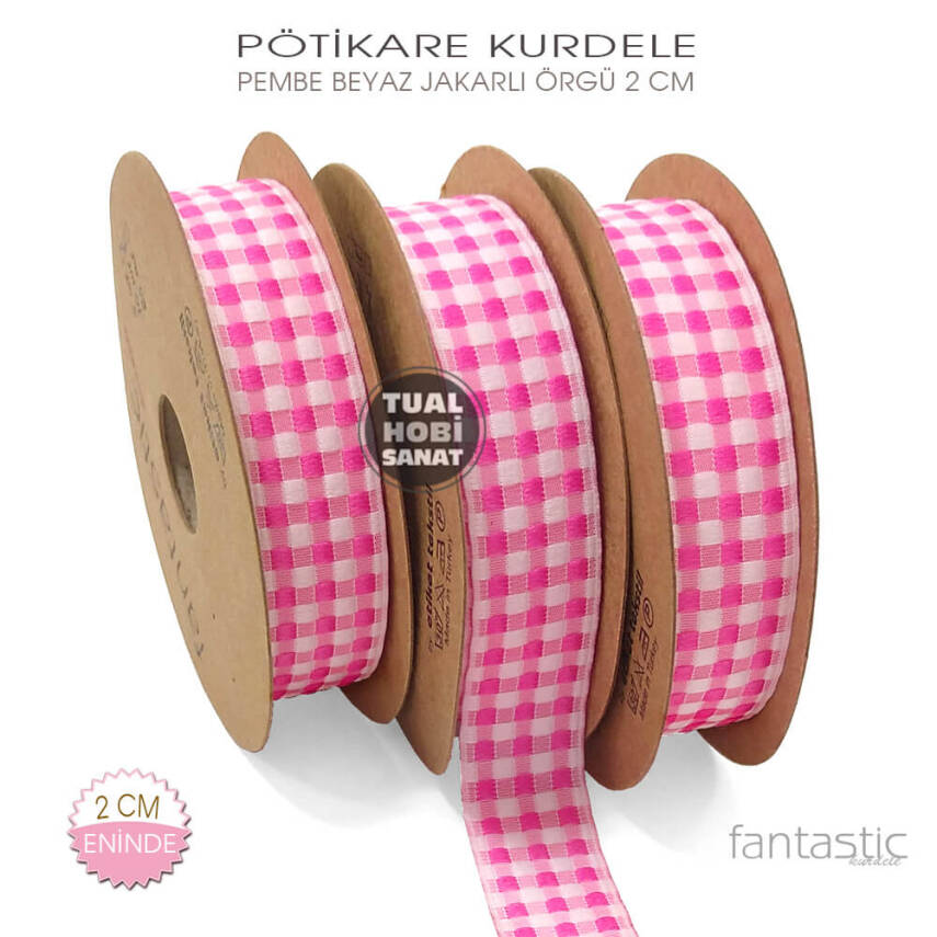 Pembe Beyaz Pötikare Jakarlı Kurdele (Genişlik 2 cm) 1 Metre - 1