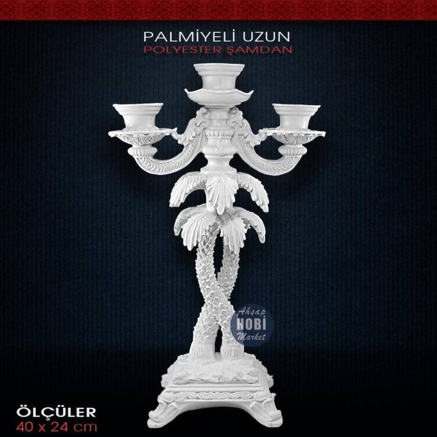Polyester 3 Kollu Palmiyeli Şamdan (40x24cm) - 1