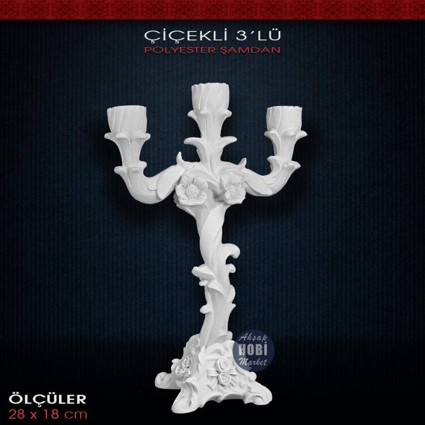 Polyester 3'lü Çiçekli Şamdan Mumluk (28x18cm) - 1