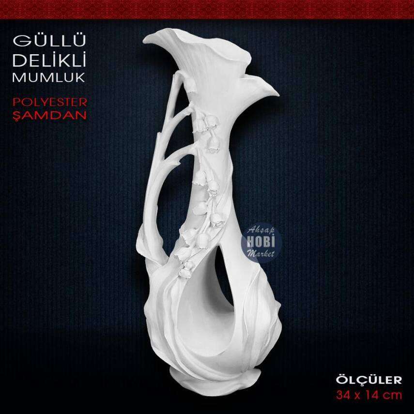 Polyester Gül Detaylı Şamdan Mumluk (34x14 cm) - 2