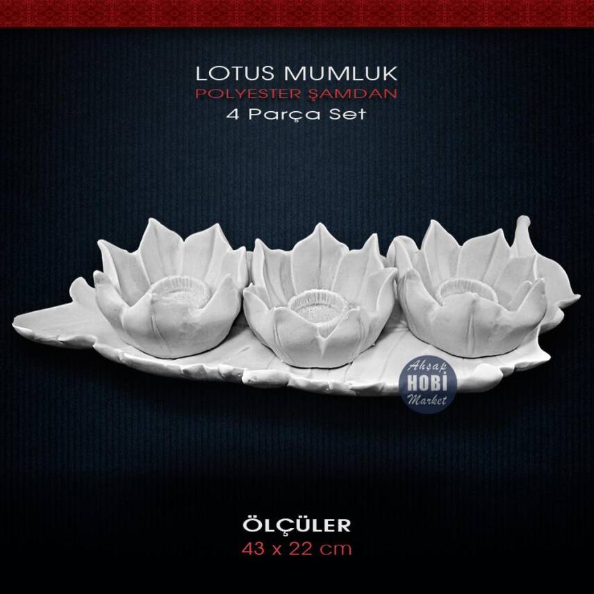 Polyester Lotus Çiçekli 3'lü Mumluk (43x22cm) - 1