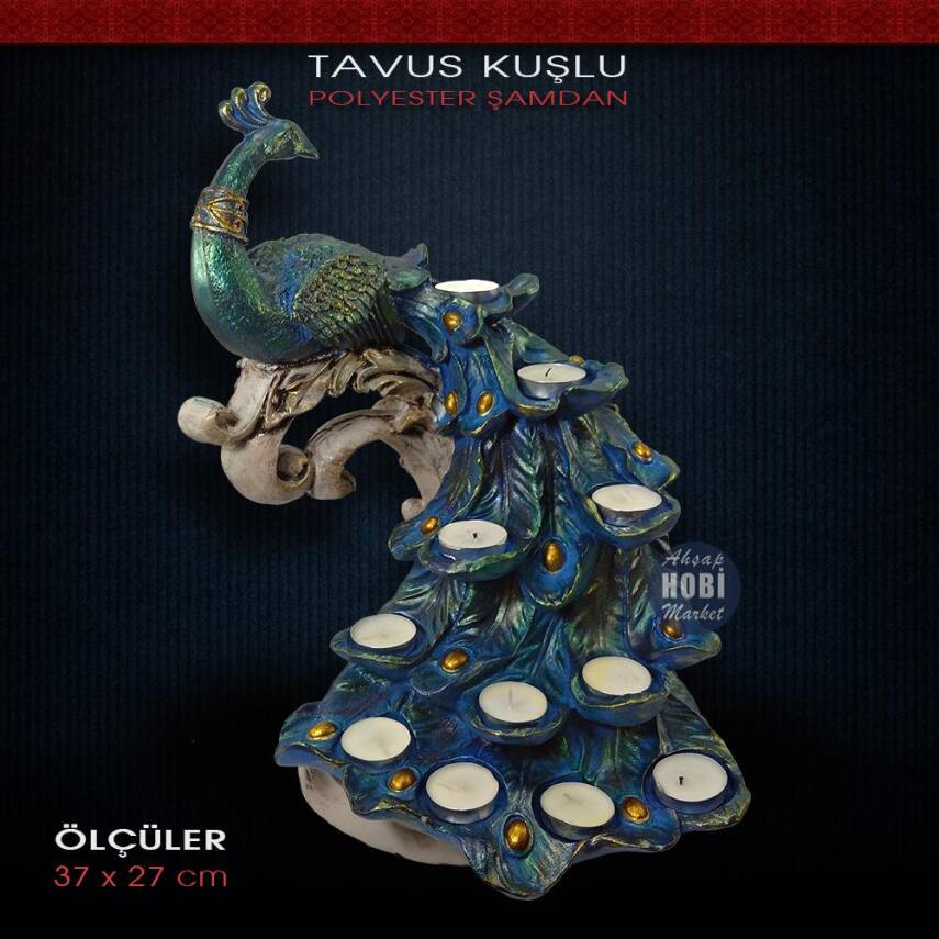 Polyester Tavus Kuşlu Dev Şamdan Mumluk (37x27cm) - 2