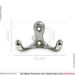 Portmanto Askısı İkili Kalın Metal (55x30 mm) Gümüş Renk - 3