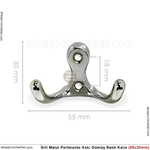 Portmanto Askısı İkili Kalın Metal (55x30 mm) Gümüş Renk - 3