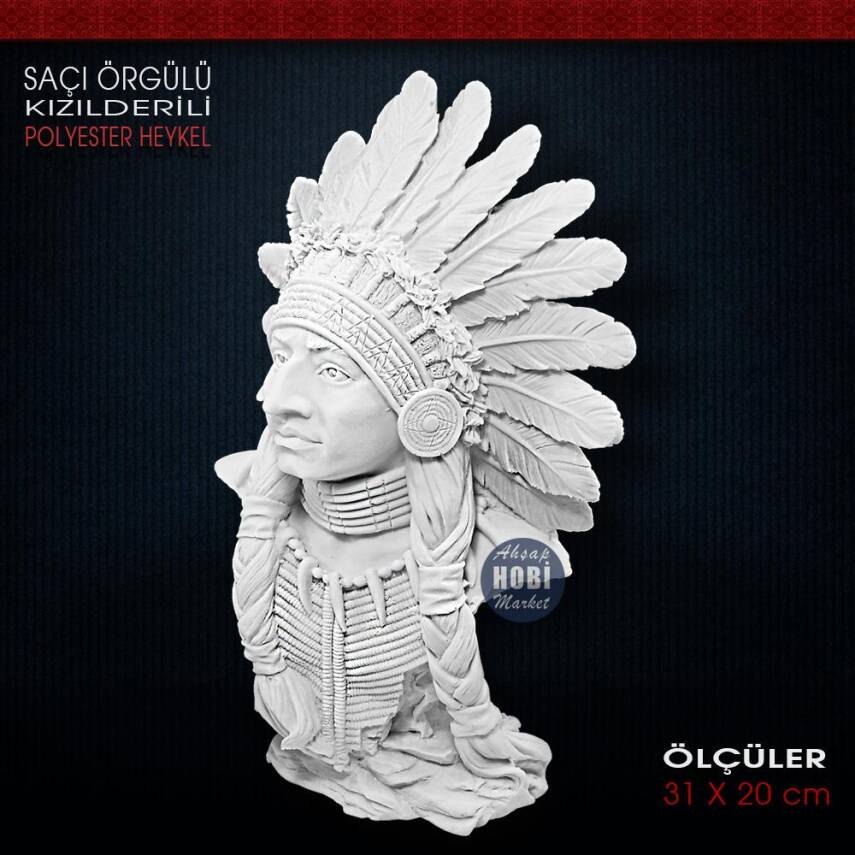 Saç Örgülü Kızılderili Heykeli (31x20 cm) Ham Polyester - 2