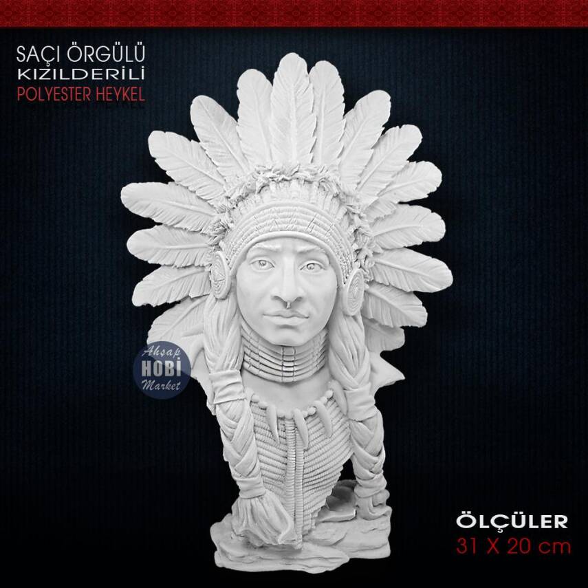 Saç Örgülü Kızılderili Heykeli (31x20 cm) Ham Polyester - 1