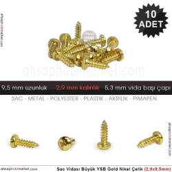 Sac Vidası Orta 10 Adet YSB (2,9x9,5 mm) Parlak Gold - Tual Hobi Sanat